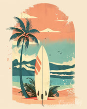 Afbeelding in Gallery-weergave laden, Diamond Painting - Surfplank op het strand reeds ingelijst