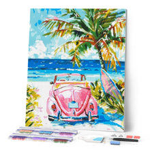 Afbeelding in Gallery-weergave laden, Diamond Painting - Roze auto aan zee reeds ingelijst