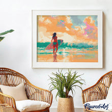 Afbeelding in Gallery-weergave laden, Diamond Painting - Surfer meisje bij zonsopgang reeds ingelijst