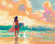 Afbeelding in Gallery-weergave laden, Diamond Painting - Surfer meisje bij zonsopgang reeds ingelijst