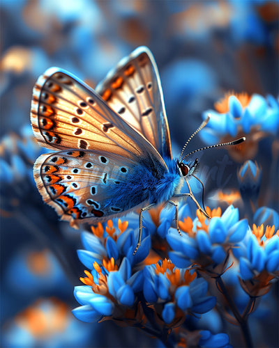 Diamond Painting - Vlinder en Blauwe Bloemen reeds ingelijst