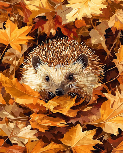 Diamond Painting - Egel in herfstbladeren reeds ingelijst