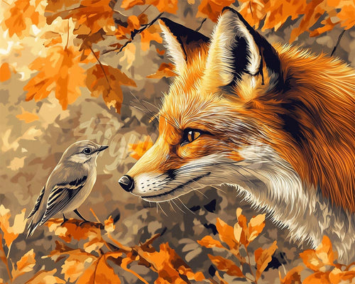 Diamond Painting - Vos en vogel in de herfst reeds ingelijst