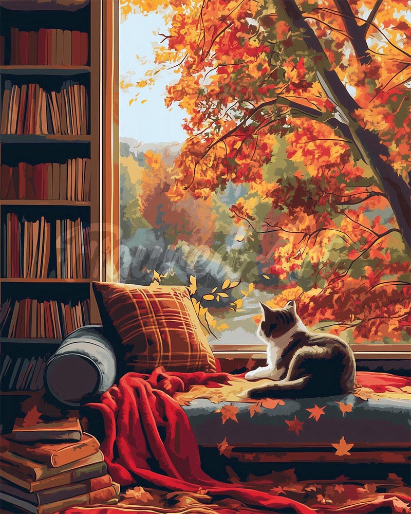 Diamond Painting - Herfstzicht van de kat reeds ingelijst