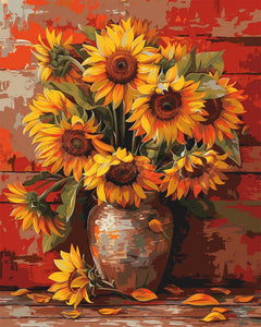 Diamond Painting - Herfst zonnebloemenvaas reeds ingelijst