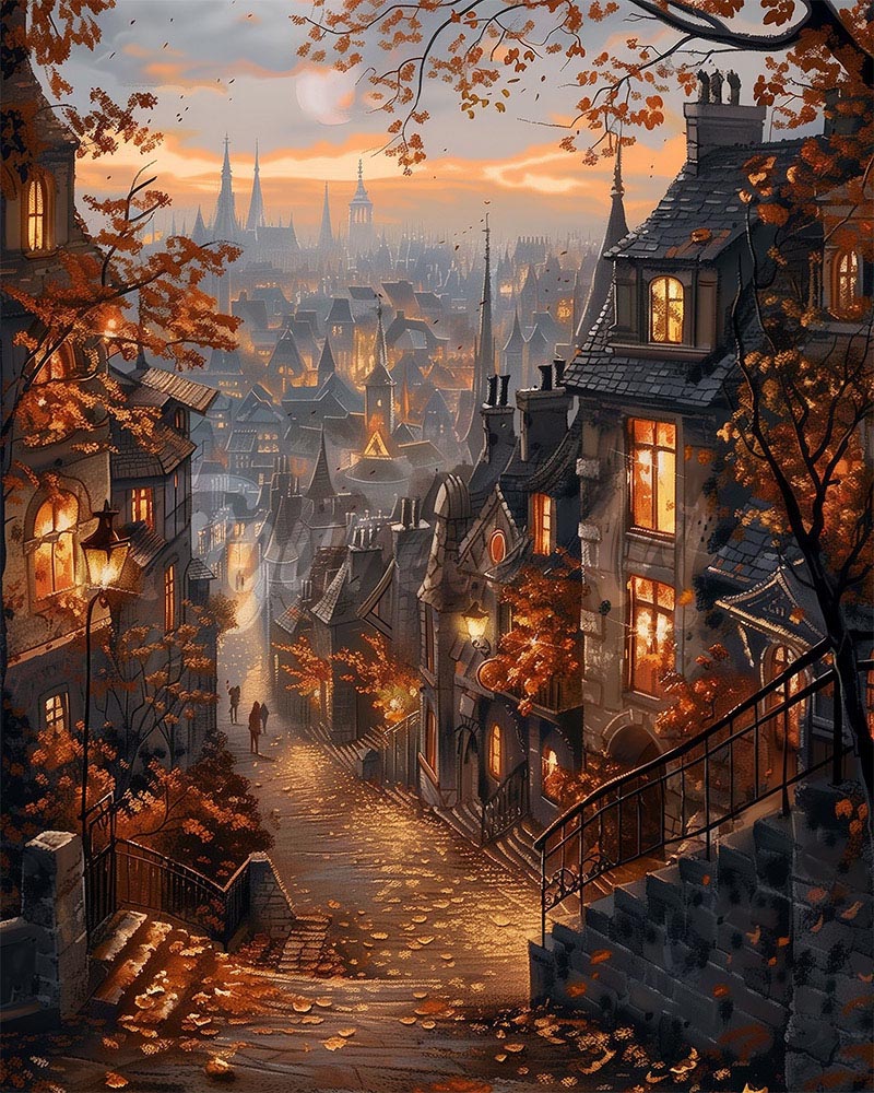 Diamond Painting - Herfststraat in de oude stad reeds ingelijst