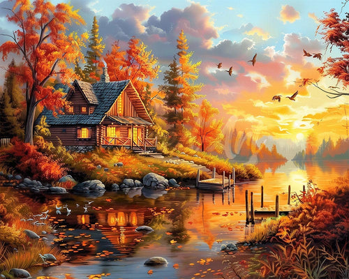 Diamond Painting - Herfstzonsondergang bij de hut