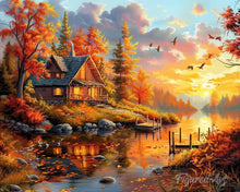 Afbeelding in Gallery-weergave laden, Diamond Painting - Herfstzonsondergang bij de hut reeds ingelijst