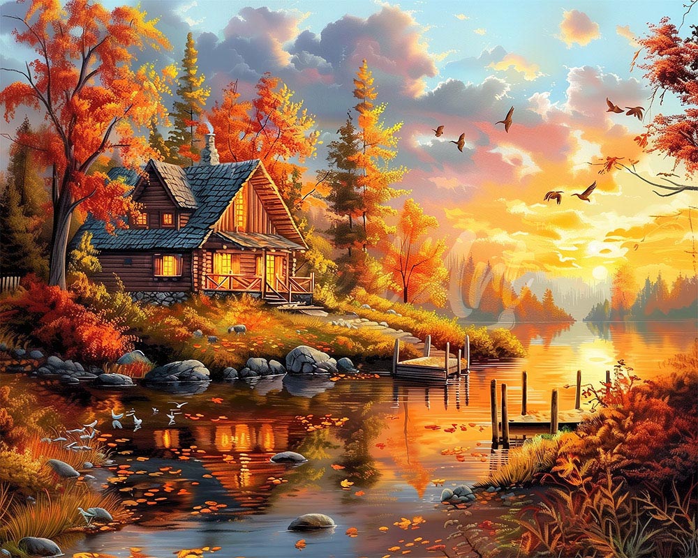 Diamond Painting - Herfstzonsondergang bij de hut reeds ingelijst