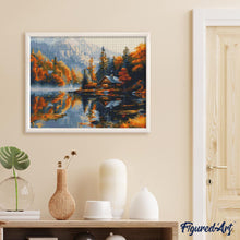 Afbeelding in Gallery-weergave laden, Diamond Painting - Herfsthut aan het meer reeds ingelijst