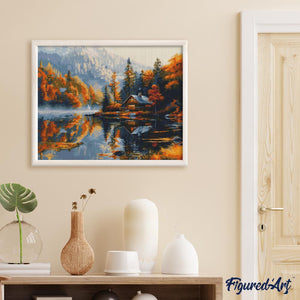Diamond Painting - Herfsthut aan het meer reeds ingelijst