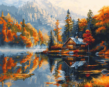Afbeelding in Gallery-weergave laden, Diamond Painting - Herfsthut aan het meer reeds ingelijst