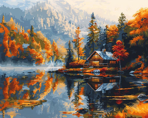Diamond Painting - Herfsthut aan het meer reeds ingelijst