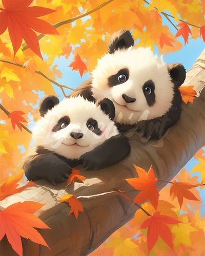 Diamond Painting - Panda Welpen in de Herfst