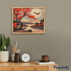 Diamond Painting - Kraanvogels en Uitzicht op de Mount Fuji reeds ingelijst