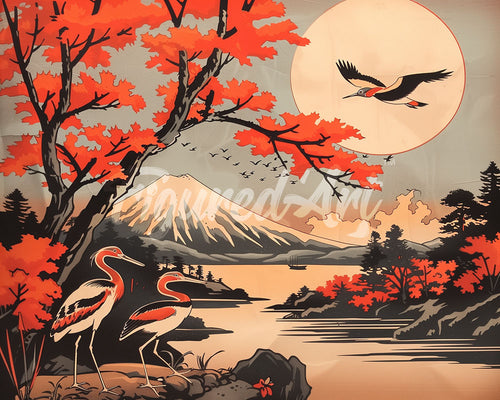 Diamond Painting - Kraanvogels en Uitzicht op de Mount Fuji reeds ingelijst