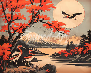 Diamond Painting - Kraanvogels en Uitzicht op de Mount Fuji reeds ingelijst