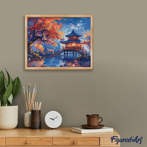 Diamond Painting - Pagode op een Herfstnacht reeds ingelijst