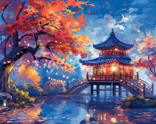 Diamond Painting - Pagode op een Herfstnacht reeds ingelijst