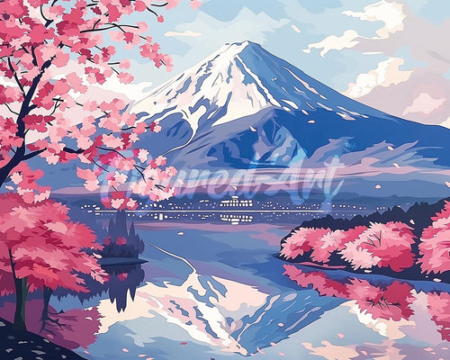 Diamond Painting - Mount Fuji en Sakura-meer reeds ingelijst
