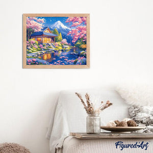 Diamond Painting - Sakura-huis bij de Vijver reeds ingelijst