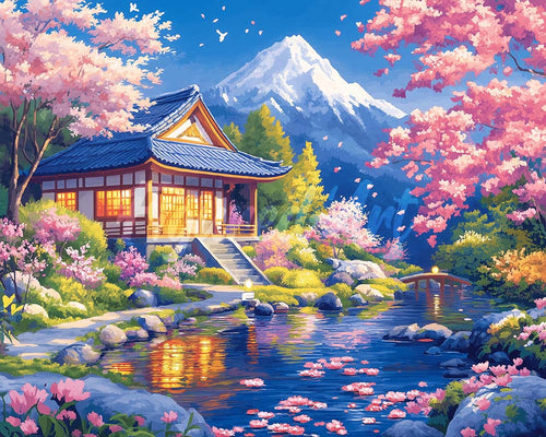 Diamond Painting - Sakura-huis bij de Vijver reeds ingelijst