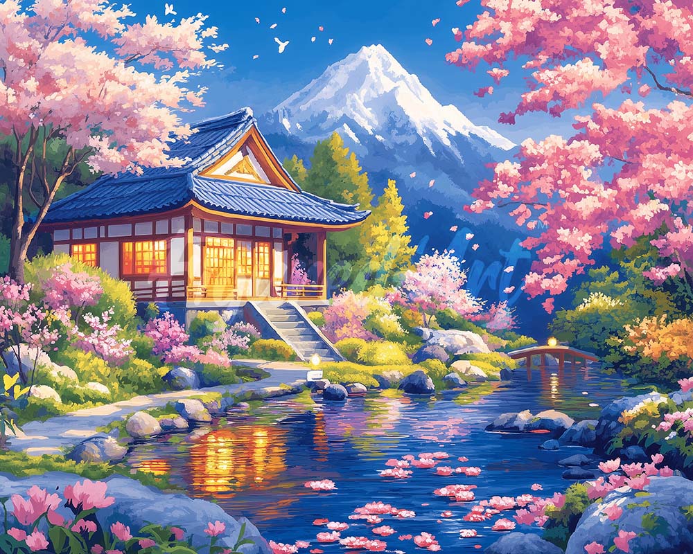 Diamond Painting - Sakura-huis bij de Vijver reeds ingelijst