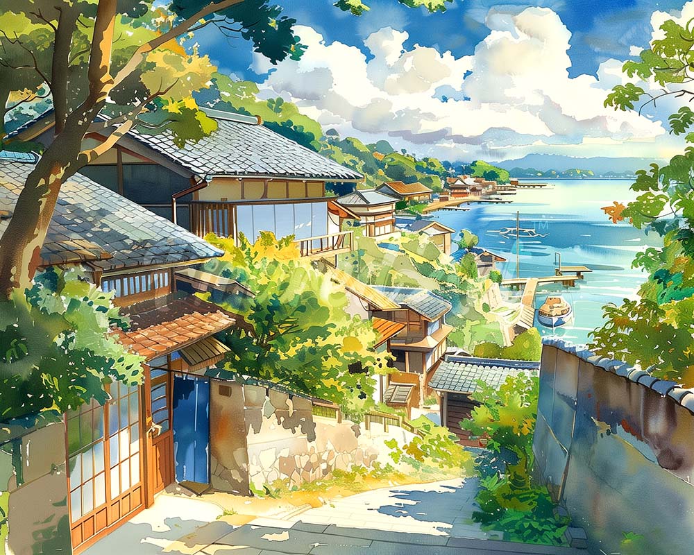 Diamond Painting - Kustdorp in Japan reeds ingelijst