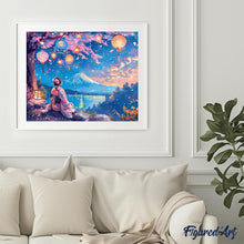 Afbeelding in Gallery-weergave laden, Diamond Painting - Meisje, Lantaarns en Mount Fuji reeds ingelijst