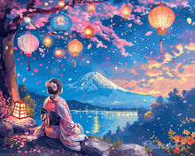 Afbeelding in Gallery-weergave laden, Diamond Painting - Meisje, Lantaarns en Mount Fuji reeds ingelijst
