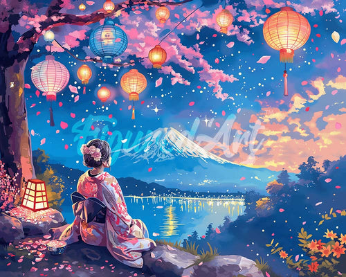 Diamond Painting - Meisje, Lantaarns en Mount Fuji reeds ingelijst