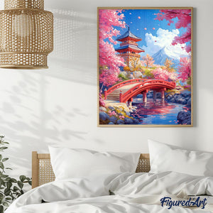 Diamond Painting - Rode Brug en Kersenbloesems reeds ingelijst
