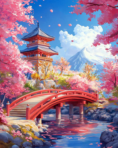 Diamond Painting - Rode Brug en Kersenbloesems reeds ingelijst