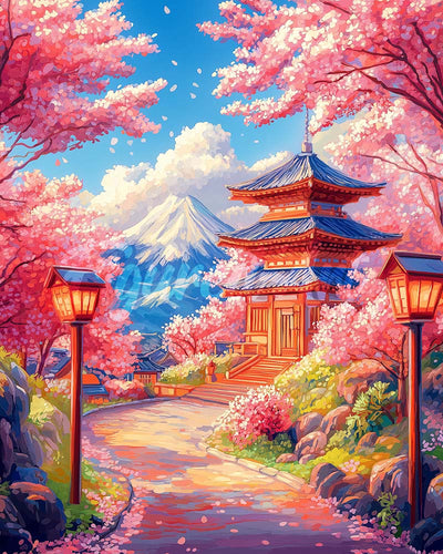Diamond Painting - Sakura-weg naar de Pagode reeds ingelijst