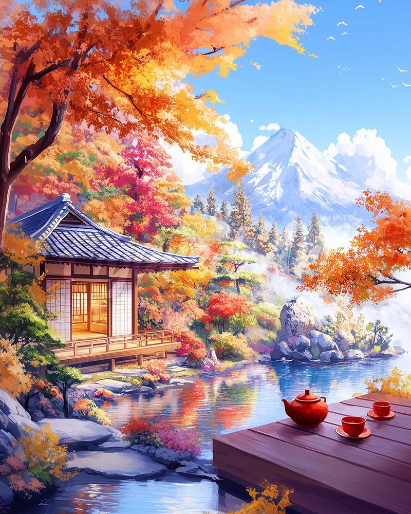 Diamond Painting - Theehuis in de Herfst bij het Meer reeds ingelijst