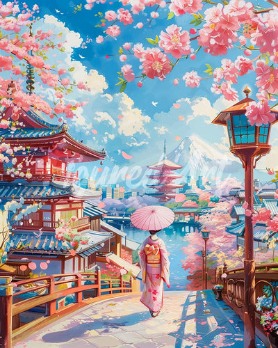 Diamond Painting - Sakura-straat in Kyoto reeds ingelijst