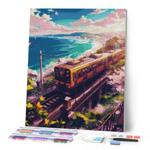 Afbeelding in Gallery-weergave laden, Diamond Painting - Sakura Spoorlijn bij de Oceaan reeds ingelijst