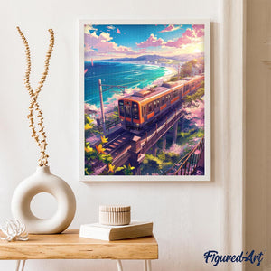 Diamond Painting - Sakura Spoorlijn bij de Oceaan reeds ingelijst