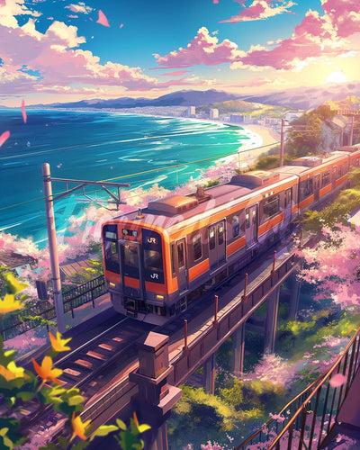 Diamond Painting - Sakura Spoorlijn bij de Oceaan reeds ingelijst