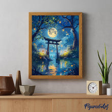 Afbeelding in Gallery-weergave laden, Diamond Painting - Torii bij Maanlicht en Vuurvliegjes reeds ingelijst