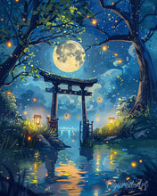 Afbeelding in Gallery-weergave laden, Diamond Painting - Torii bij Maanlicht en Vuurvliegjes reeds ingelijst