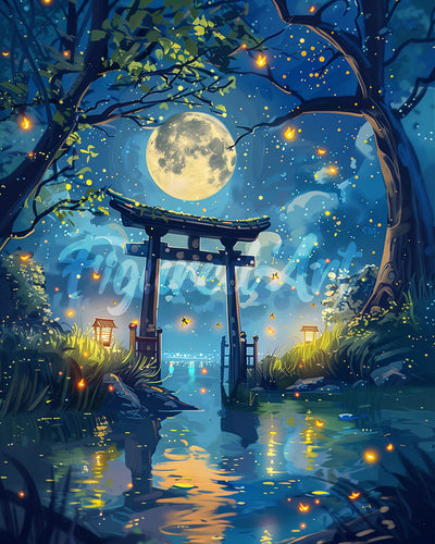 Diamond Painting - Torii bij Maanlicht en Vuurvliegjes reeds ingelijst