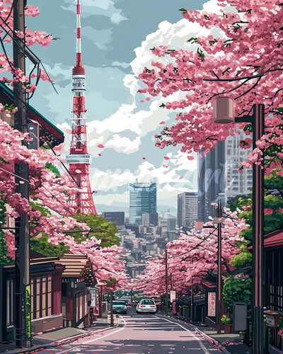 Diamond Painting - Tokyo Sakura-straat reeds ingelijst
