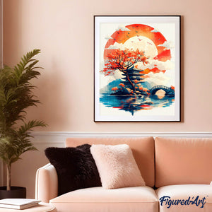 Diamond Painting - Pagode onder de Opkomende Zon reeds ingelijst