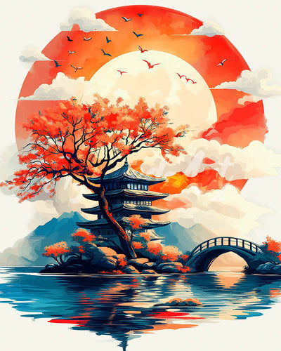 Diamond Painting - Pagode onder de Opkomende Zon reeds ingelijst