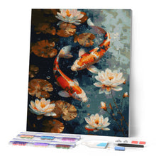 Afbeelding in Gallery-weergave laden, Diamond Painting - Vintage Koi Karper en Bloemen reeds ingelijst