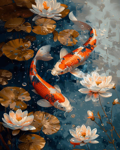 Diamond Painting - Vintage Koi Karper en Bloemen reeds ingelijst