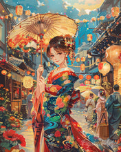 Afbeelding in Gallery-weergave laden, Diamond Painting - Kimono Meisje op het Lantaarnfestival reeds ingelijst