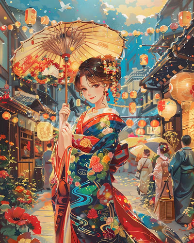 Diamond Painting - Kimono Meisje op het Lantaarnfestival reeds ingelijst