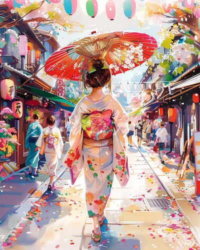 Diamond Painting - Yukata Meisje op de Feeststraat reeds ingelijst
